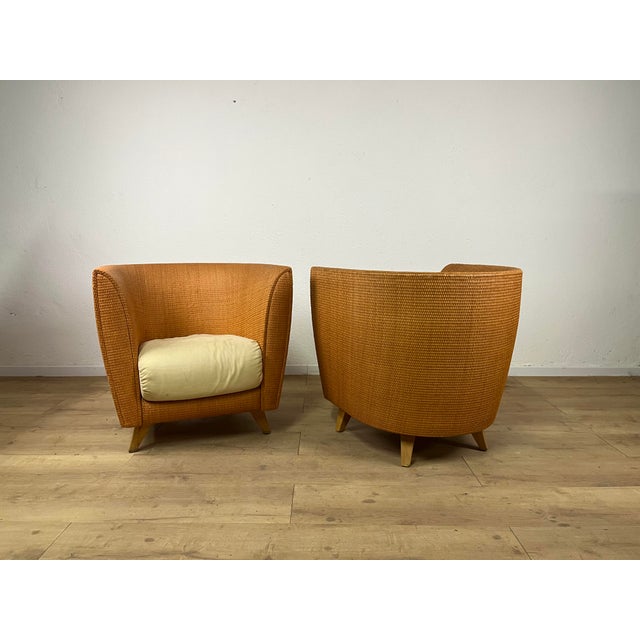 Wood Bon Ton Chairs in Rattan and Fabric by Giuseppe Viganò for Bonacina, 1990s, Set of 2 For Sale - Image 7 of 9