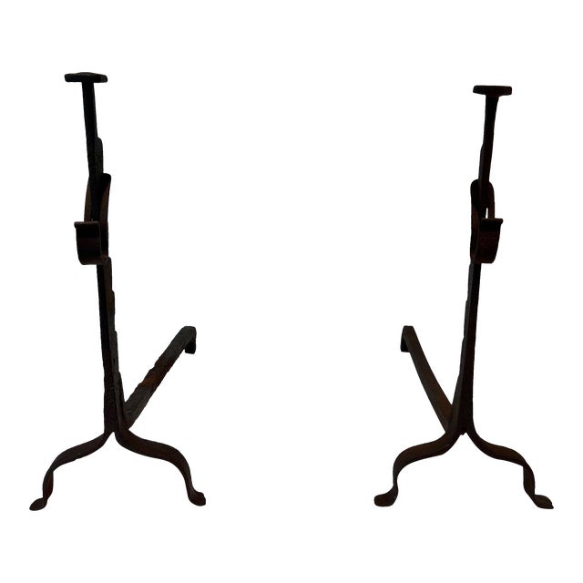 Early 1900s Wrought Iron Andirons - a Pair For Sale