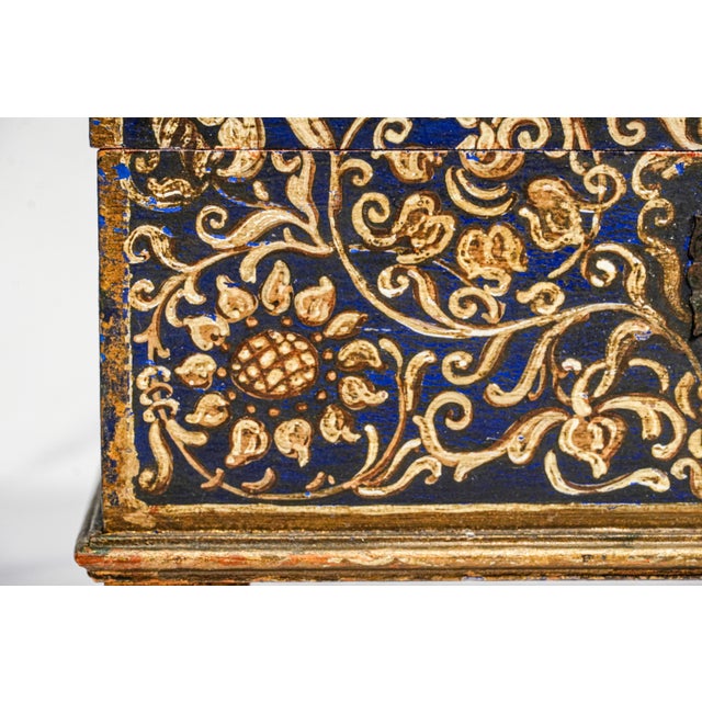 Striking Hand Painted Antique Domed Wood Casket Box With Key Madonna and Child Religious Scene For Sale - Image 4 of 18