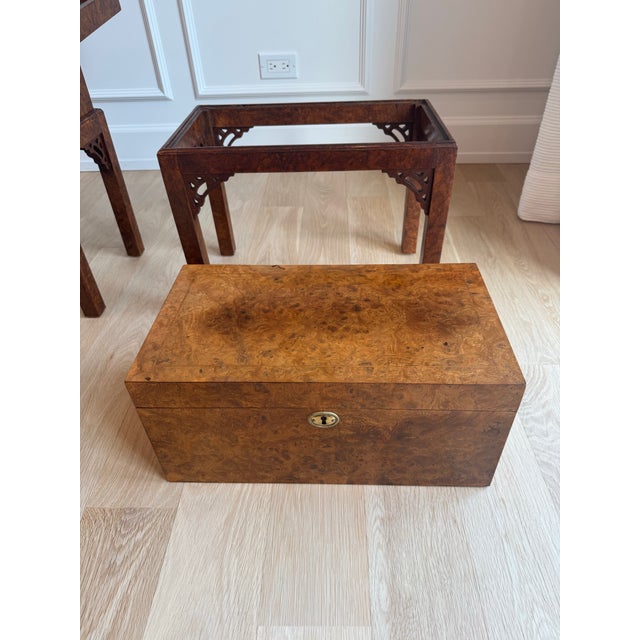 Brown Pair of English Campaign Style Burl Wood Side Tables / Chests / Trunks on Stands – Anglo-Asian Influence, Chicago Merchandise Mart 1991 For Sale - Image 8 of 11