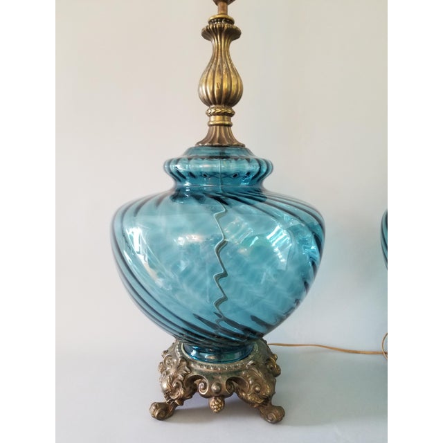 1970s Hollywood Regency Ef Ef Industries Blue Glass Lamp Set