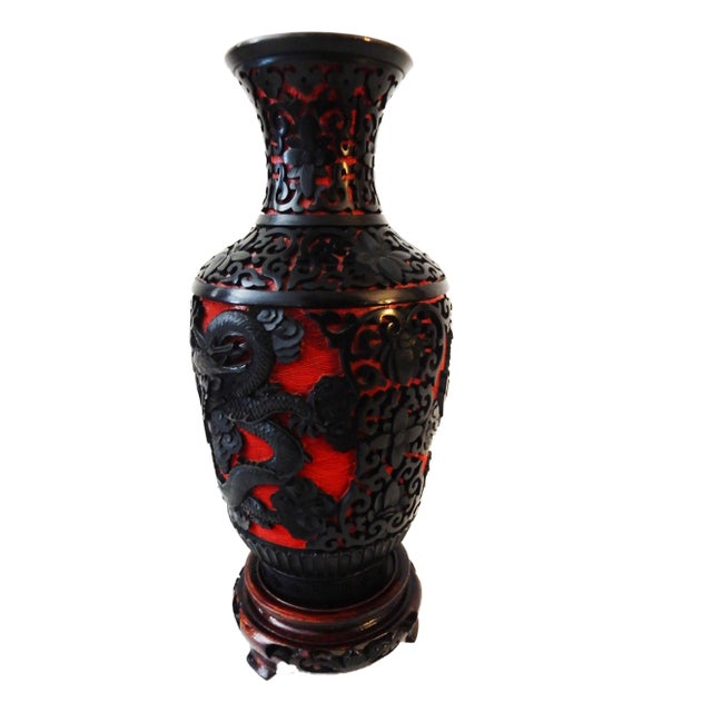 Superb Lacquerware Handwork Carved Dragon over bronze Vase depicting a high relief dragon over a red ruby background w/...
