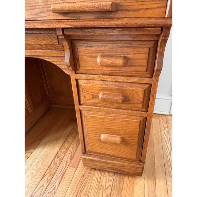Mid 20th Century Arts & Crafts Raised Panel Oak S Roll Top Desk on Casters For Sale - Image 11 of 12