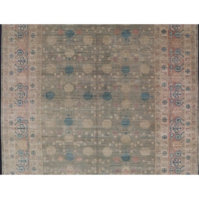 Tribal Large Modern Tribal Khotan Rug in Shades of Cream Green Blue and Coral For Sale - Image 3 of 12