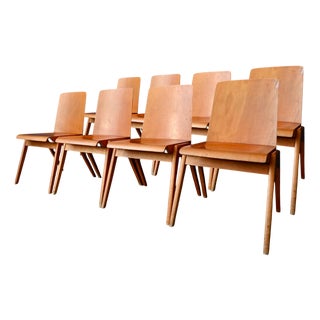 Vintage Scandinavian Stackable Light Wooden Chairs with Compass Feet, Set of 8 For Sale