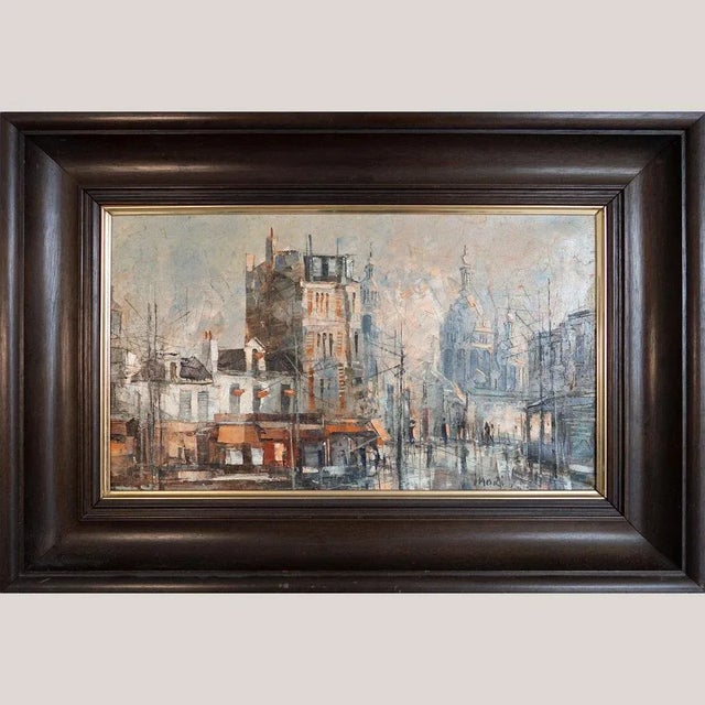 Experience the dynamic charm of Paris in this striking mid-century oil on canvas, showcasing the iconic Sacré-Cœur...