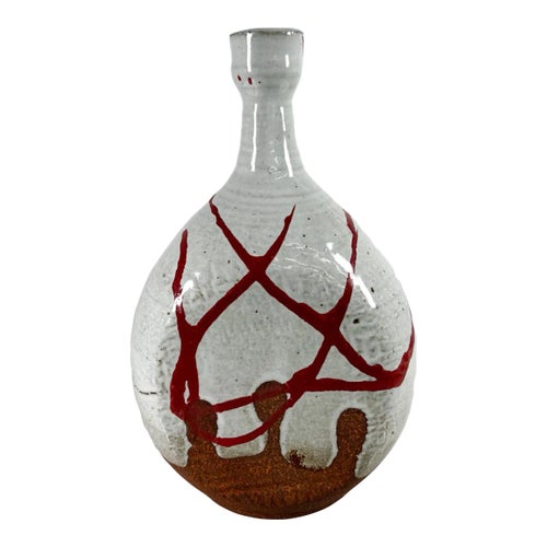 1970s Studio Pottery Vase Abstract Red White Vessel Signed