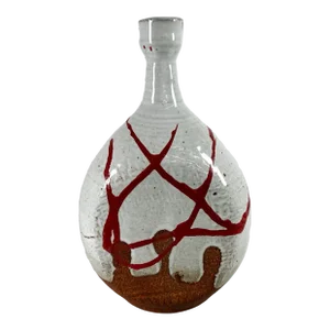 1970s Studio Pottery Vase Abstract Red White Vessel Signed