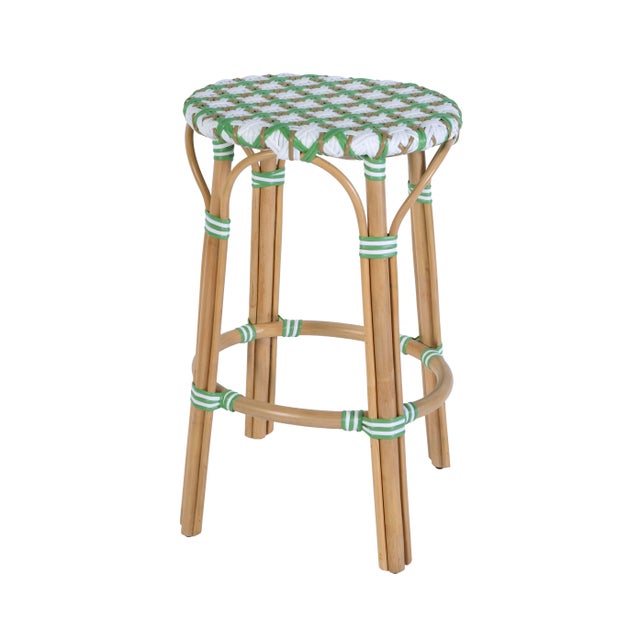 Green Ballito 30 in. Seat Height Oval Rattan Bar Stool with Footrest, French White, Green & Brown For Sale - Image 8 of 8