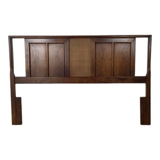 Mid-Century Walnut Headboard, Vintage Full/Queen, Woven Center Panel For Sale