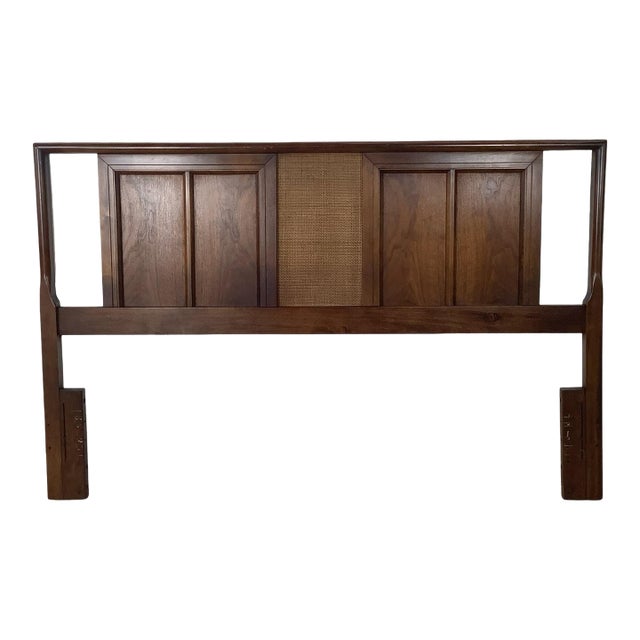 Mid-Century Walnut Headboard, Vintage Full/Queen, Woven Center Panel For Sale