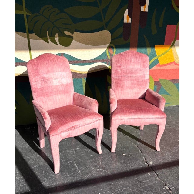 The perfectly pink accent chair pair. Great size, style, and finish. 24.5” w 26” d 42” h 18” seat d 24” arm h 19” seat h