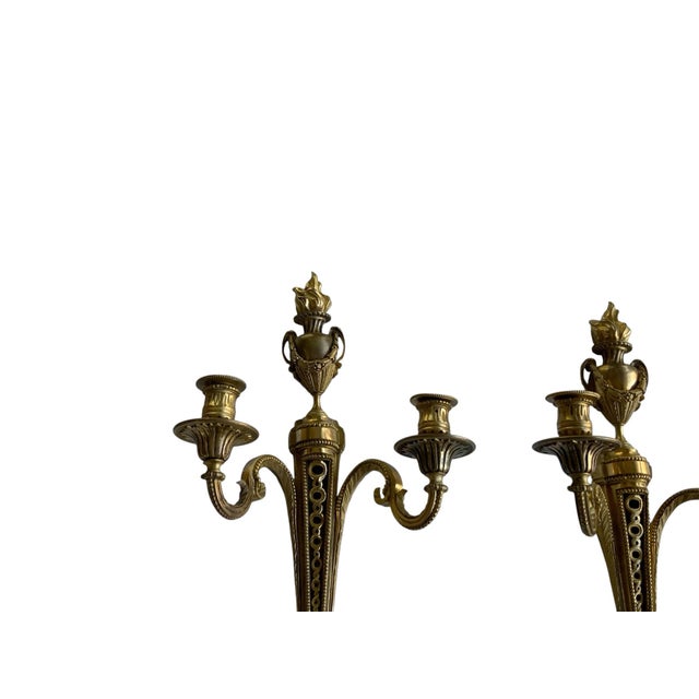 French Pair of Antique French Louis XVI Neoclassical Gilt Bronze Ormolu 2 Candelabra Wall Sconces C1860 For Sale - Image 3 of 8