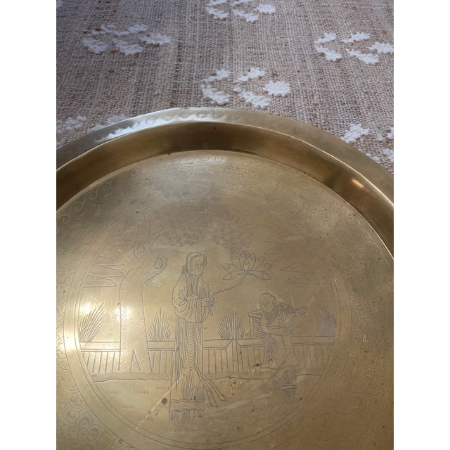 Metal Vintage Chinese Etched Brass Tray 17” For Sale - Image 7 of 11