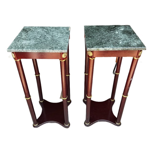 Vintage Pair of Green Stone Top Skinny Square Side Tables For Sale