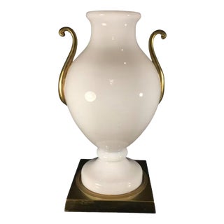 Venini Primavera in Murano, White Opaline Glass with Gilt Handles, Chiseled Bronze Base, 20th Century For Sale