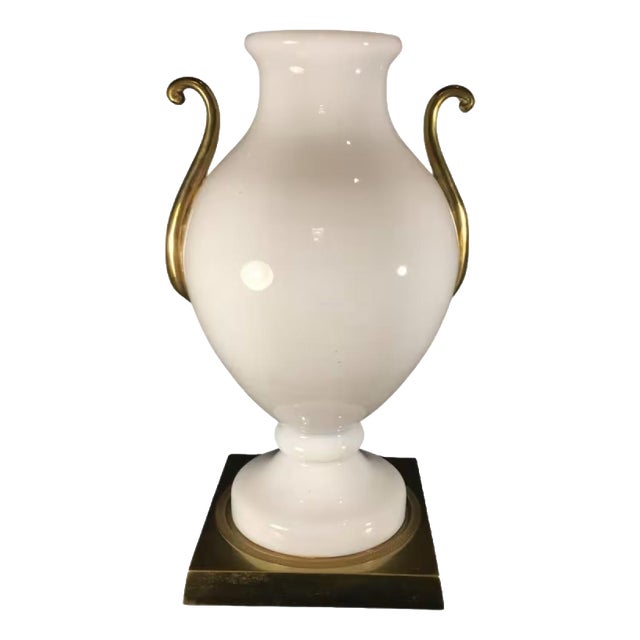Venini Primavera in Murano, White Opaline Glass with Gilt Handles, Chiseled Bronze Base, 20th Century For Sale