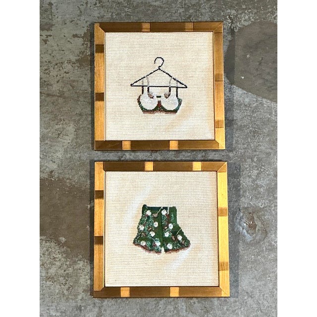 This delightful pair of original vintage needlepoint artworks celebrates the whimsical "Grandmillennial" aesthetic,...