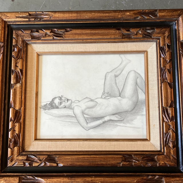 Original 8 x 10 drawing on illustration board unsigned overall size with vintage carved wood frame with aged linen liner...