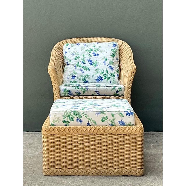 Vintage Woven Rattan Chair and Ottoman in Schumacher “Garden Gate” For Sale - Image 14 of 15