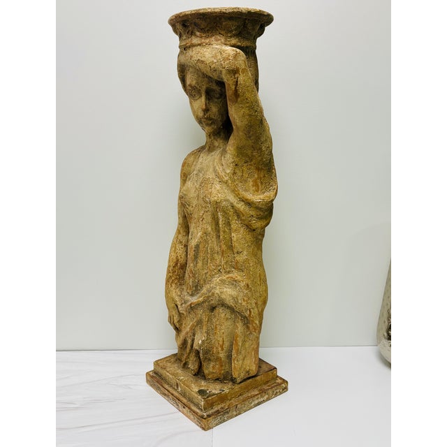 Neoclassical Antique Carved Wood Female Caryatid Holding Vessel on Her Head For Sale - Image 3 of 15
