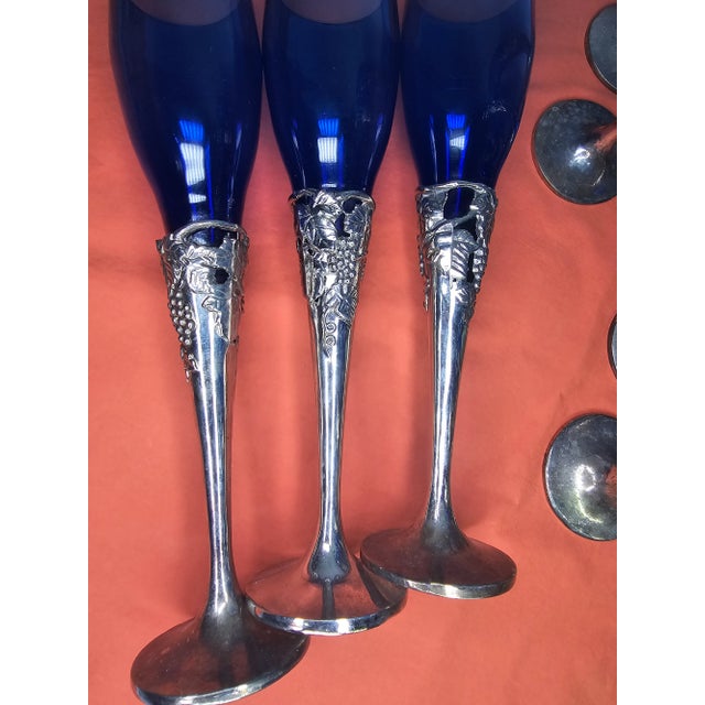 1980s Cobalt Blue & Silverplate Champagne Flutes- Set of 16 For Sale - Image 11 of 12