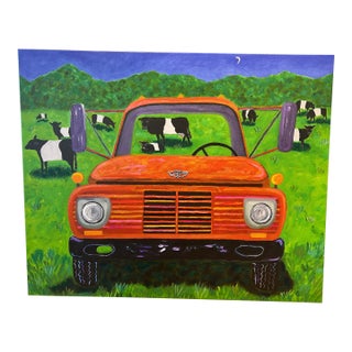 Hand Embellished Limited Edition Giclee of Old Truck and Belted Galloway Cows For Sale