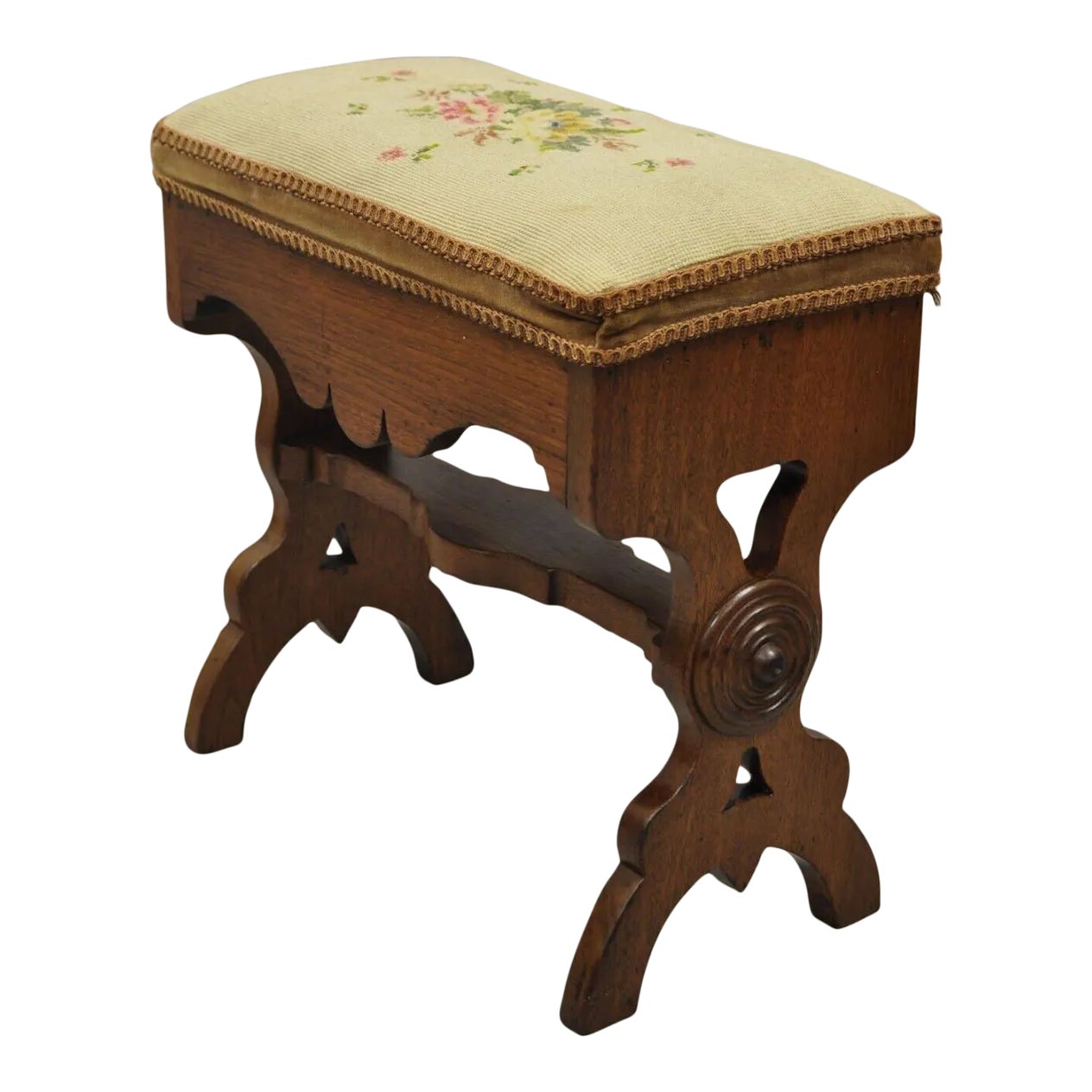 Antique Eastlake Victorian Carved Walnut Stool Bench With Needlepoint
