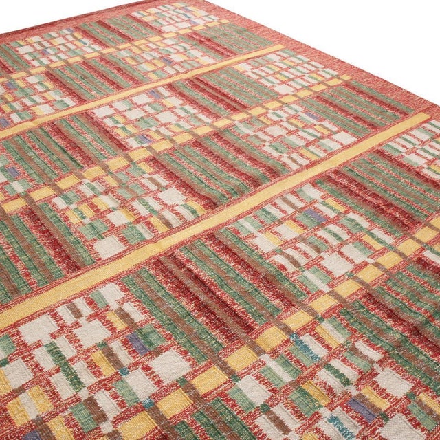 Mid-Century Modern Rug & Kilim's Scandinavian Red and Green Wool Rug - Natural Yarn 12x15 For Sale - Image 3 of 6