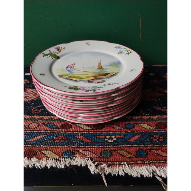 1980s Hand Painted c.e. Corey Portugal Dinner Plates - Set of 12 For Sale - Image 10 of 11