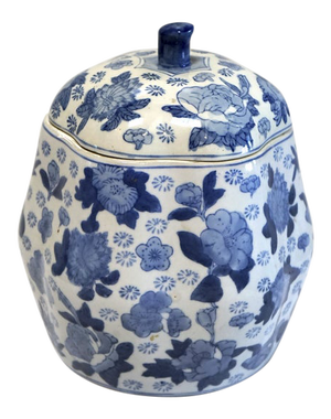 Mid 20th Century Chinese Blue and White Ceramic Hexagonal Gourd-Shaped Jar With Lid