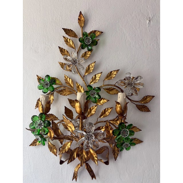 Maison Baguès Style 3 Lights Green Crystal Flowers Tole Bow Sconces, Circa 1940 For Sale - Image 12 of 13