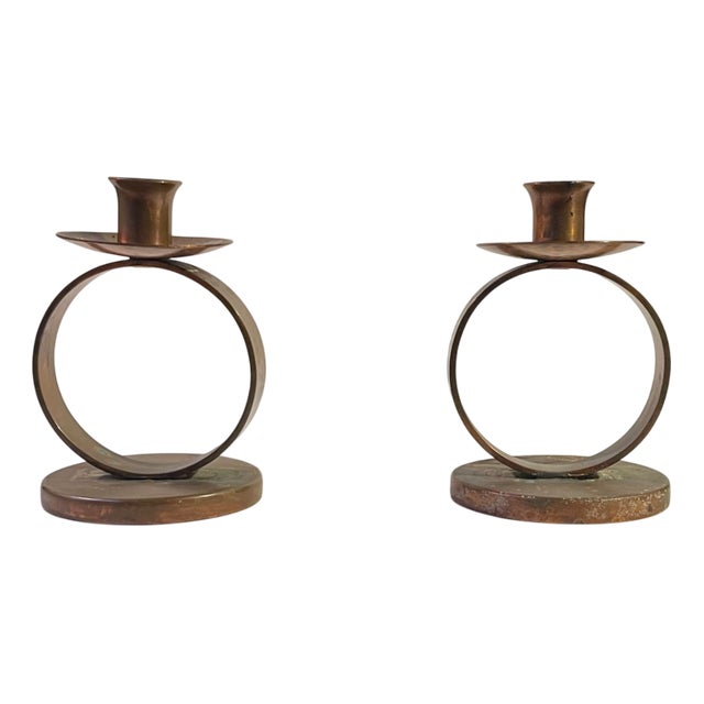 Swedish Grace Patinated Copper Circle Candleholders, 1920s, Set of 2 For Sale