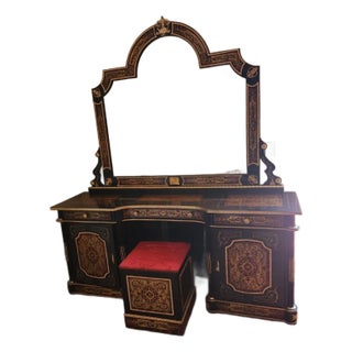 Italian Gilt Vanity & Mirror Set | Hand-Carved Dressing Table | Hollywood Regency / Baroque Style For Sale