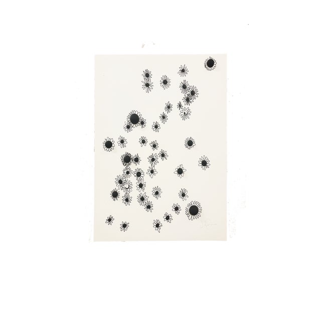 Original abstract floral ink drawing in black and white on paper. Organic daisy-inspired forms with expressive linework...