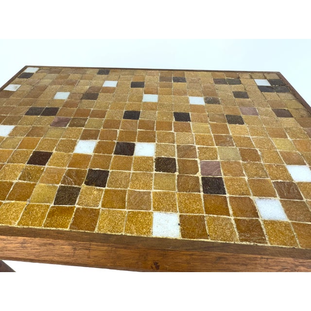 Wood Danish Modern Mid-Century Mosaic Tile Top Side Table With Tapered Legs & Brass Sabots For Sale - Image 7 of 9