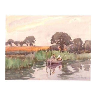 Vintage Original Watercolor Painting of a Fisherman on the River For Sale