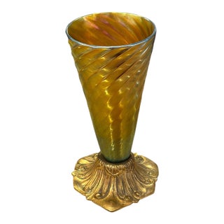 Antique Louis Comfort Tiffany Favrile Glass and Bronze Base Vase For Sale