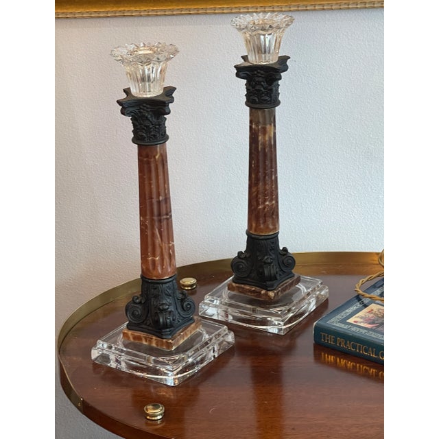 Very unusual French Antique Pair of Column Marble & Glass Candlesticks or Candleholders. I found them in Paris... Very...
