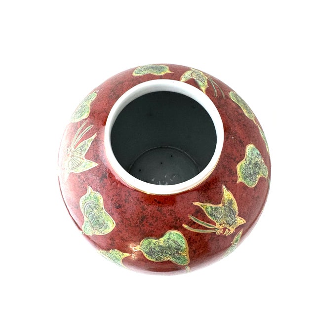 Ceramic Vintage Ginger Jar Large Red Chinoiserie Lidded Jar With Leaf and Butterfly Design Made in Shanghai For Sale - Image 7 of 11