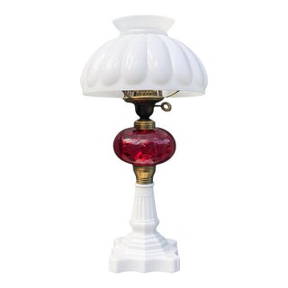 Vintage Cranberry Glass and Milk Glass Hurricane Lamp For Sale