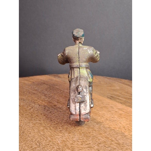 Antique 1930s Hubley Cast Iron "Patrol" Cop Police Motorcycle Toy | Green Paint & Integral Officer Rider 6.25" For Sale - Image 13 of 17