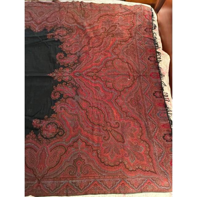 Antique Victorian Paisley Piano Shawl 54x132 Kashmir Style Wool Throw Long Textile Tapestry Red Black Boho Decor For Sale In Philadelphia - Image 6 of 12
