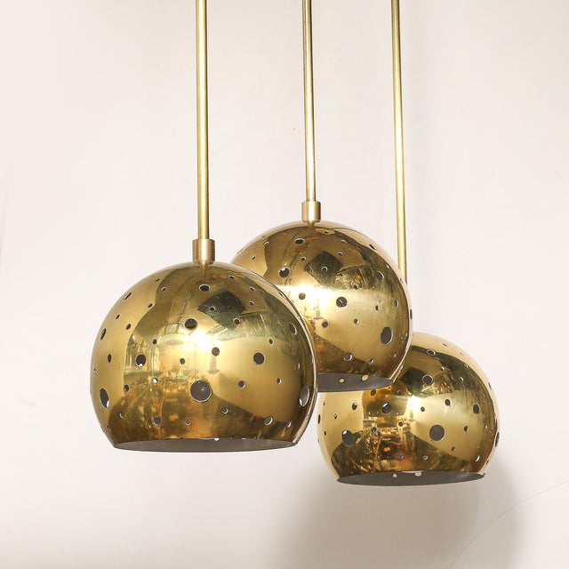 Set of 3 Mid-Century Rounded Brass Pendant Chandeliers W/ Circular Cutout Detail For Sale - Image 11 of 12