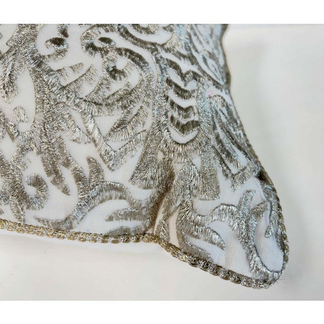 Turkish Ottoman Revival Silver Metallic Embroidered Linen Decorative Pillow For Sale In Palm Springs - Image 6 of 16