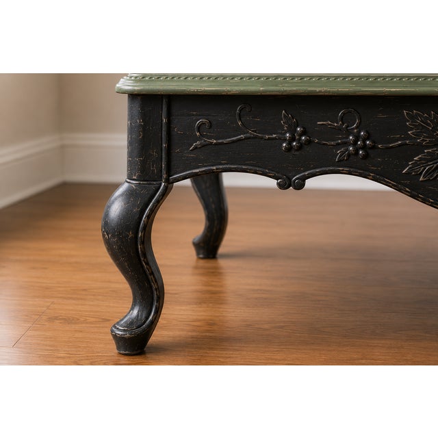 Vintage French Provincial Black & Olive Green Carved Coffee Table With Grape Motif For Sale - Image 4 of 4
