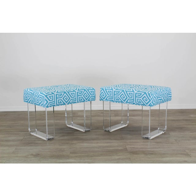 Mid-Century Modern Acrylic Waterfall Benches With Geometric Upholstery - A Pair For Sale - Image 3 of 13