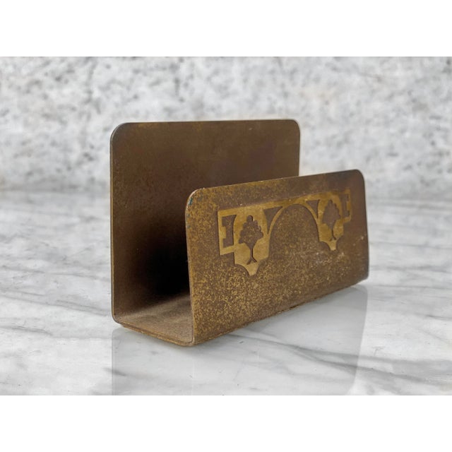 Vintage Arts & Crafts Hammered Bronze Inkwell & Letter Holder Desk Set For Sale - Image 4 of 11