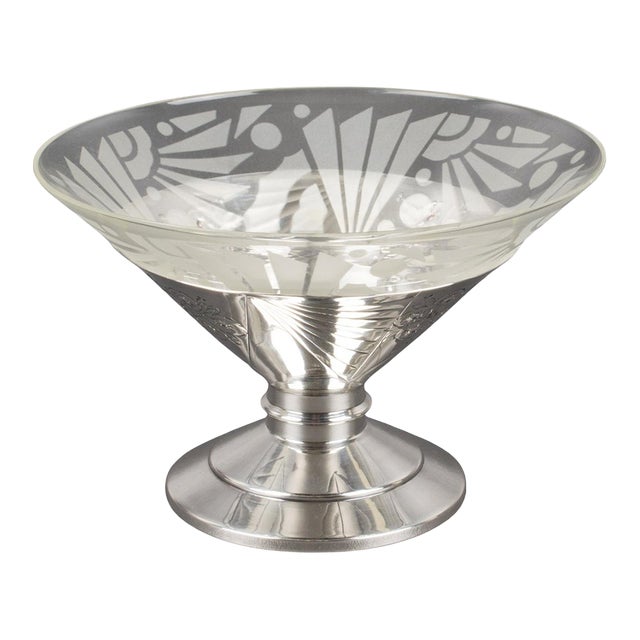 Art Deco Silver Plate and Etched Glass Centerpiece Bowl, 1930s For Sale