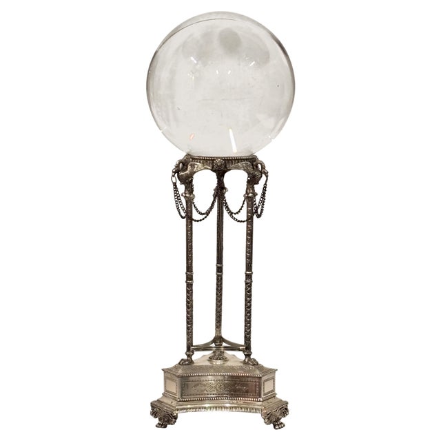 Large Crystal Glass Ball on Empire Style Silver Plate Tripod Stand For Sale - Image 4 of 6